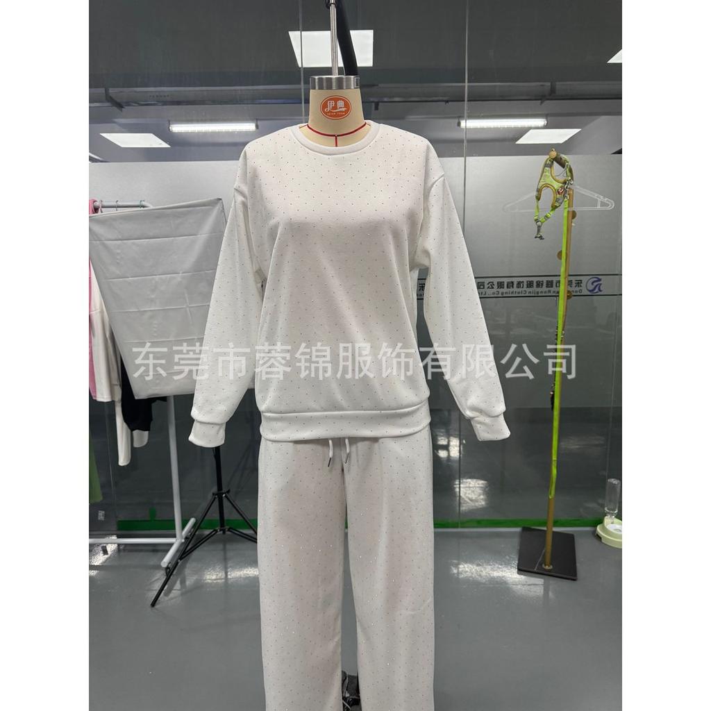 Women's Solid Color Full Body Hot Diamond Casual Round Neck Long Sleeve Sweatshirt with Drawstring Legs 2-piece Set