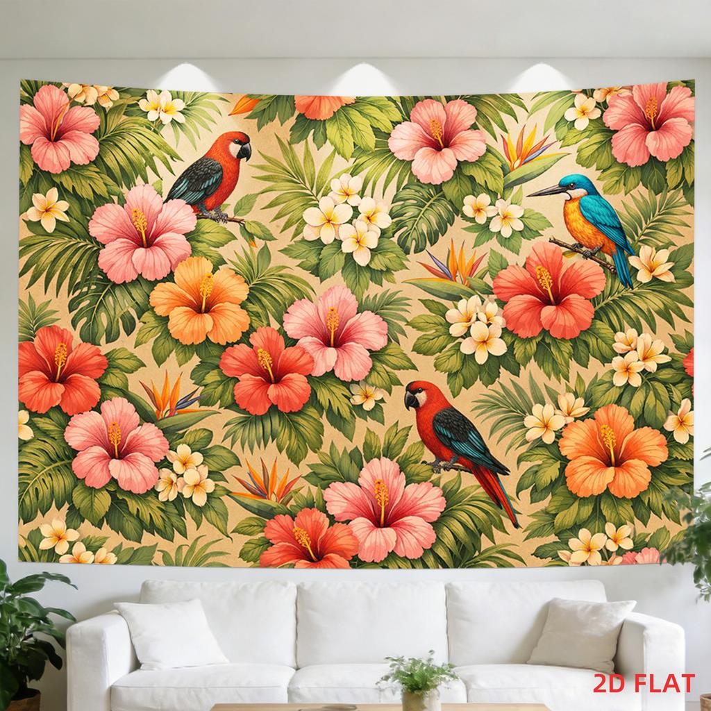 2D Flat - 2D Flat - A Tapestry Featuring a Large Or Small Tropical Floral Design with Parrots, Hibiscus Flowers, And Green Foliage in Bright Colors, P