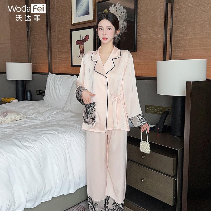 New Chinese style lace long-sleeve pants can be worn out, loungewear, new high-end ice silk pajamas for spring and autumn