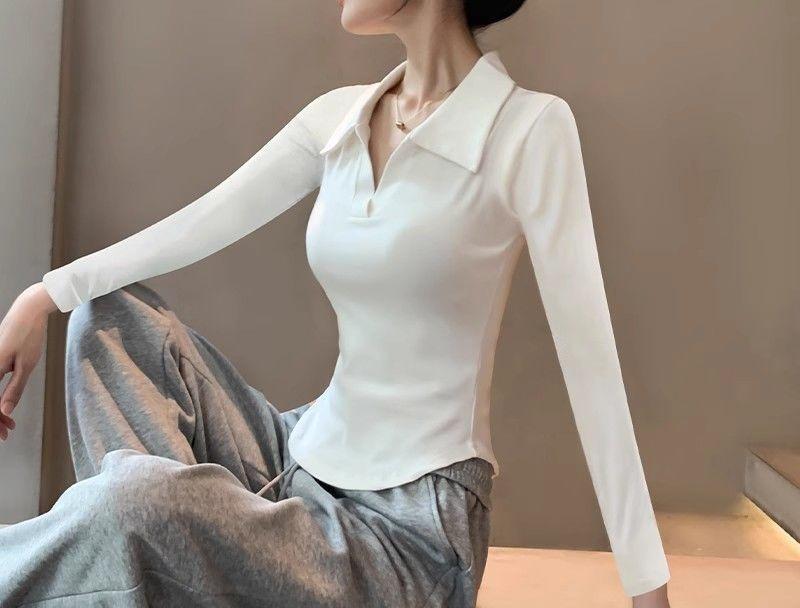 

Женская приталенная белая футболка-поло с длинным рукавом - Чистый и сексуальный весенне-осенний топ M белый