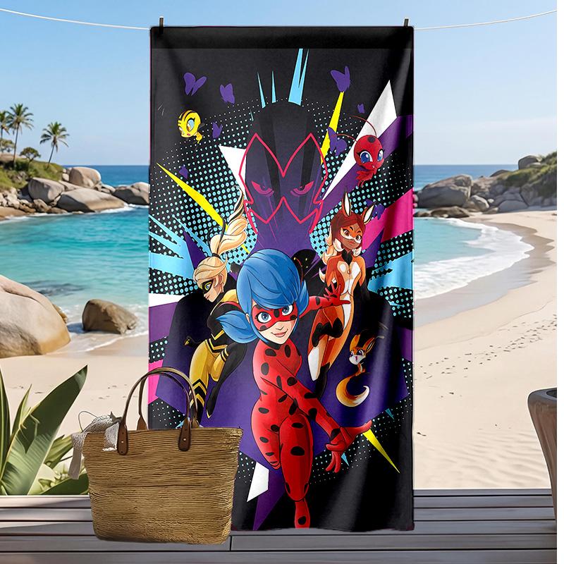 Miraculous Ladybug Zeichentrickfilm Aufgedruckt Schnelltrocknendes Strandtuch Super Saugfähig Weiches Leichtes Badetuch für Pool Sommerreisen