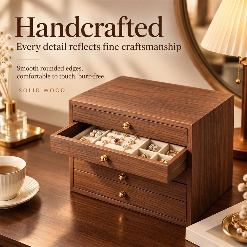 Wood Jewelry Storage Box with Sectioned Compartment Trays and Pull-Out Drawers for Vanity Storage and Tabletop Display