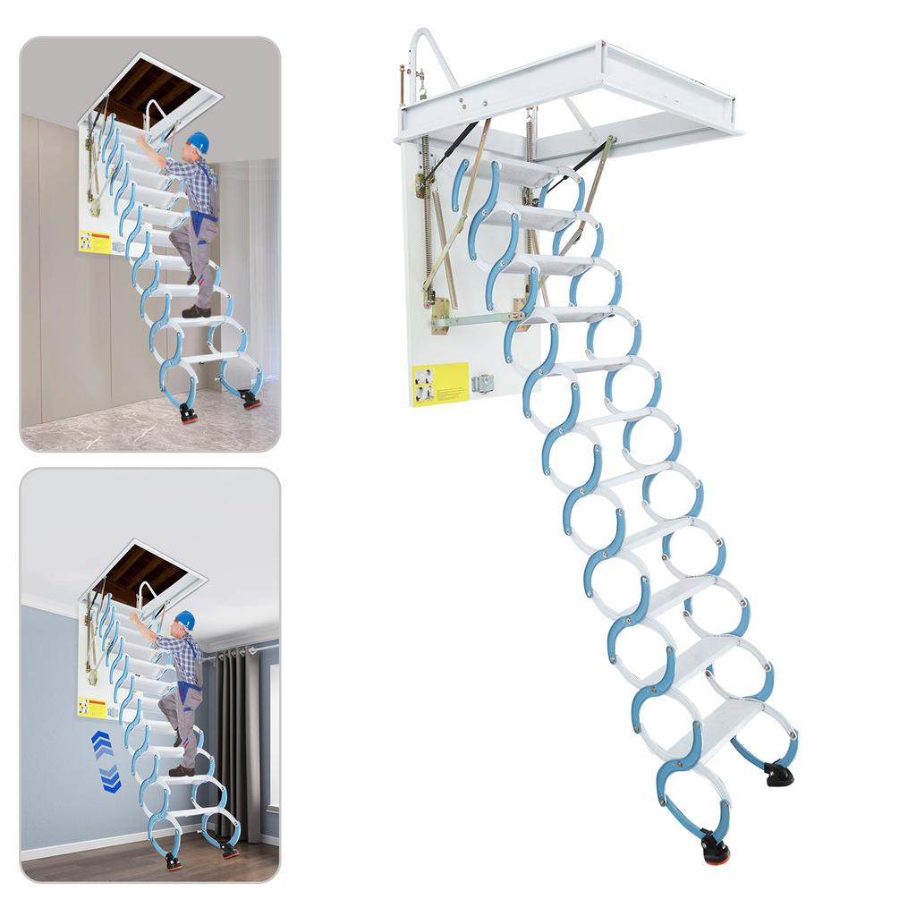 11 Steps Cold-rolled Steel Attic Ladder,70x100cm White/Blue Wall-Mounted Folding Stairs for Flat Roofs