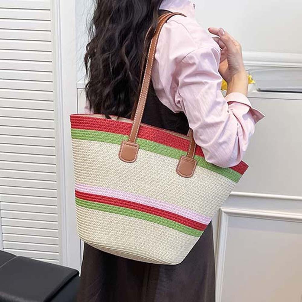 Large Capacity Stripe Woven Tote Bag Polyester Summer Beach Handbag Shopping Straw Bag  School