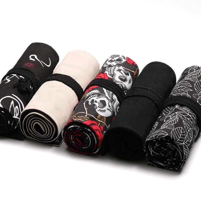 24 Holes Roll Art Pencil Case Korean Style Canvas Student Pencil Bag Paint Brush Art Holder Student Supplies Stationery