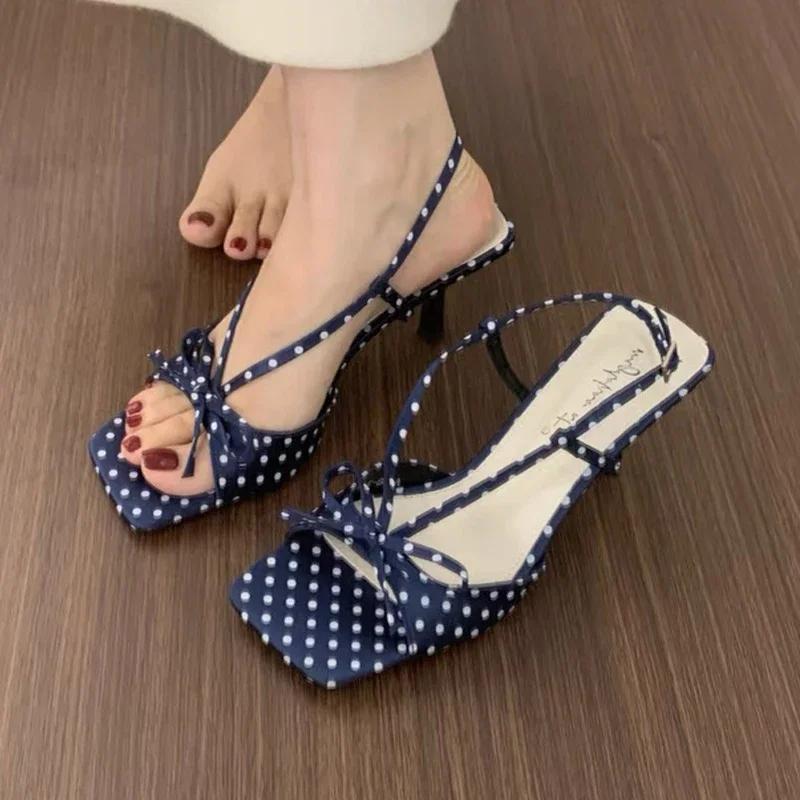 Fashion Women Square Toe High Heels Sandals Bow Sexy Summer Party Shoes 2025 Designer New Slippers Dress Trend Open Toe Woman Sexy Pumps