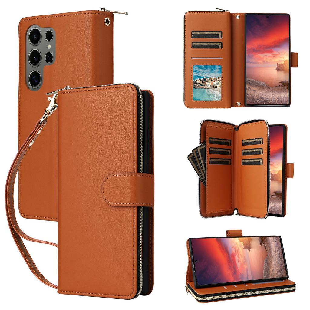 For Samsung Galaxy S25 Ultra Case Zipper Pocket PU Leather Cover with 9 Card Slots