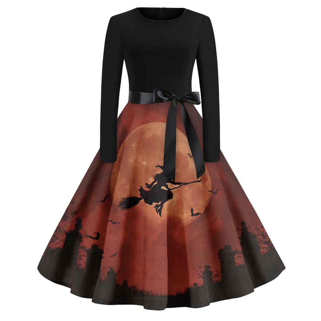 Women's Casual Fashion Round Neck Halloween Printed Vintage Dress