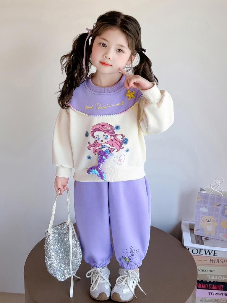 Wiosenny Zestaw Bluza Syrenka dla Dziewczynek - Casualowa Dwuczęściowa Odzież Sportowa dla Małych Dziewczynek