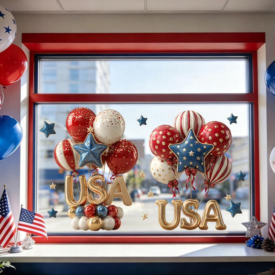 4th of July Window Clings Patriotic American Flag Red Blue White Tree Balloons Stickers Independence Memorial Day Static Decals for Store Glass Decor