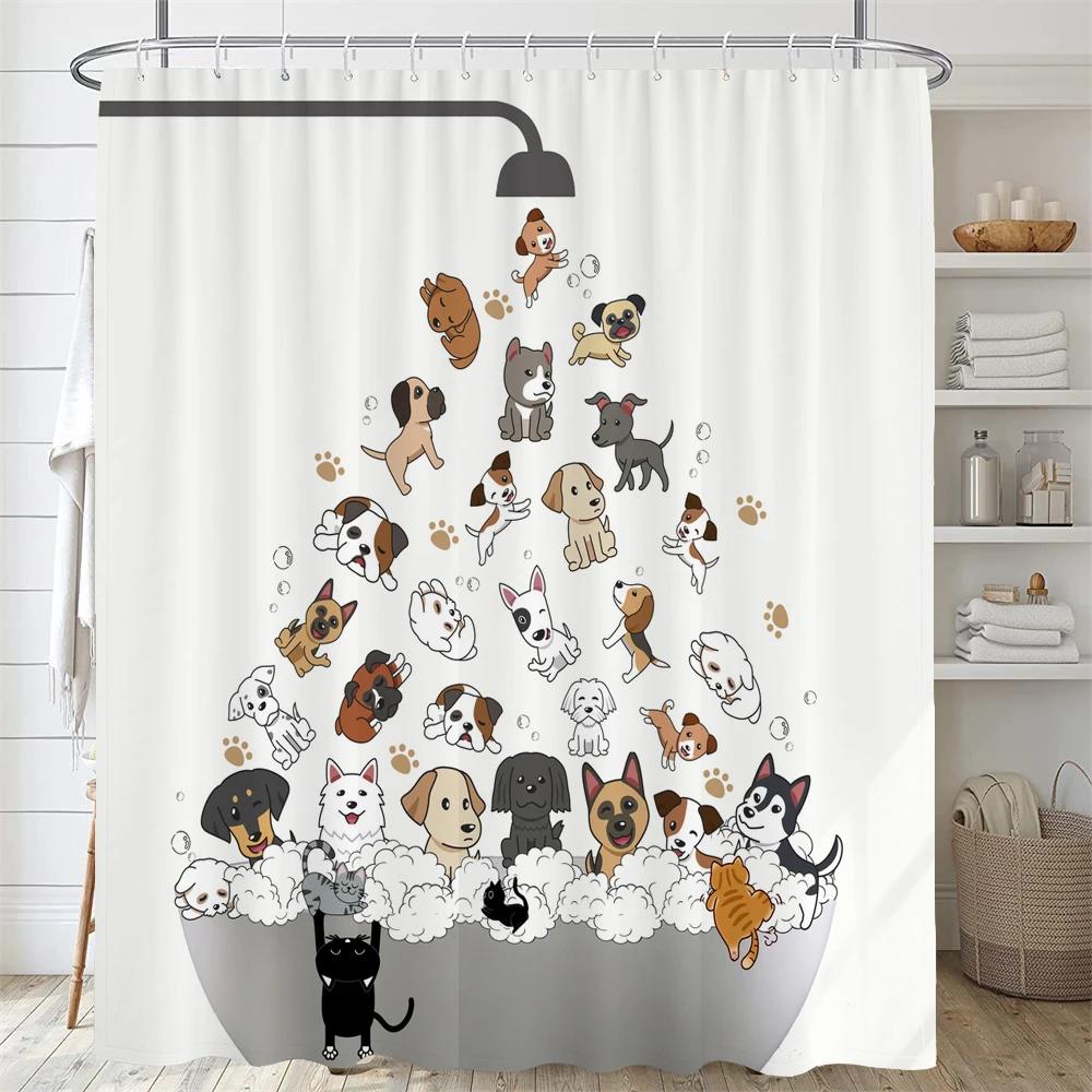 Cartoon Animal Shower Curtain Cute Cat and Dog Bath curtain with Hooks, Waterproof Shower Curtain, Shower Curtains for Bathroom