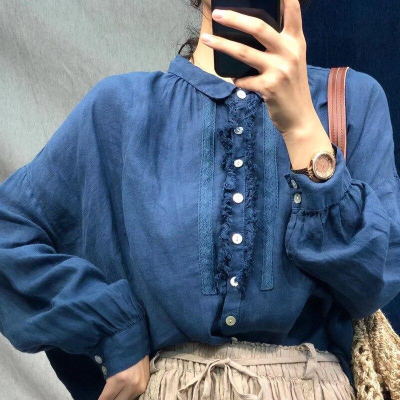 

Johnature винтажные осенние льняные кружевные женские топы, блузки, свободные японские женские рубашки на пуговицах One Size синий