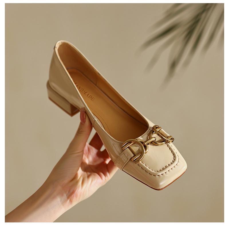 Ladies Shoes Retro Square Toe Leather Loafers for Women 2024 New Spring Fashion Elegant Metal Buckle Female Pumps Zapatos Mujer