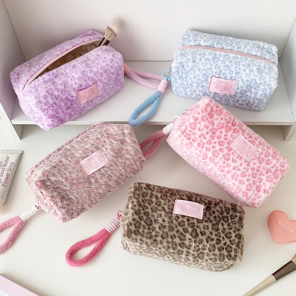 Leopard Print Plush Makeup Bags with Handle Portable Travel Cosmetic Storage Bag Toilet Bag Cute Pencil Case Fashion Handbag