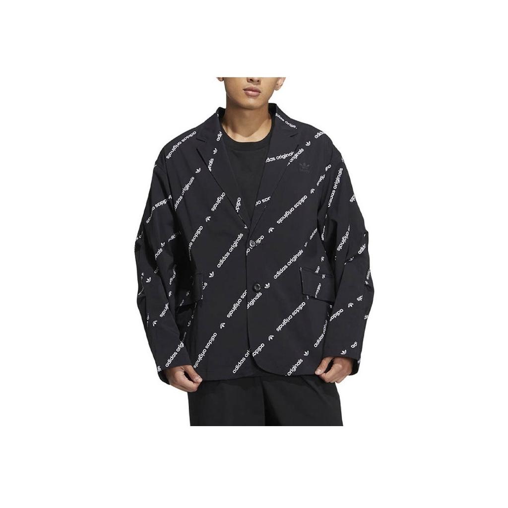 Adidas Originals Trefoil All-Over Logo Print Single-Breasted Blazer Unisex Outerwear Black HU1241
