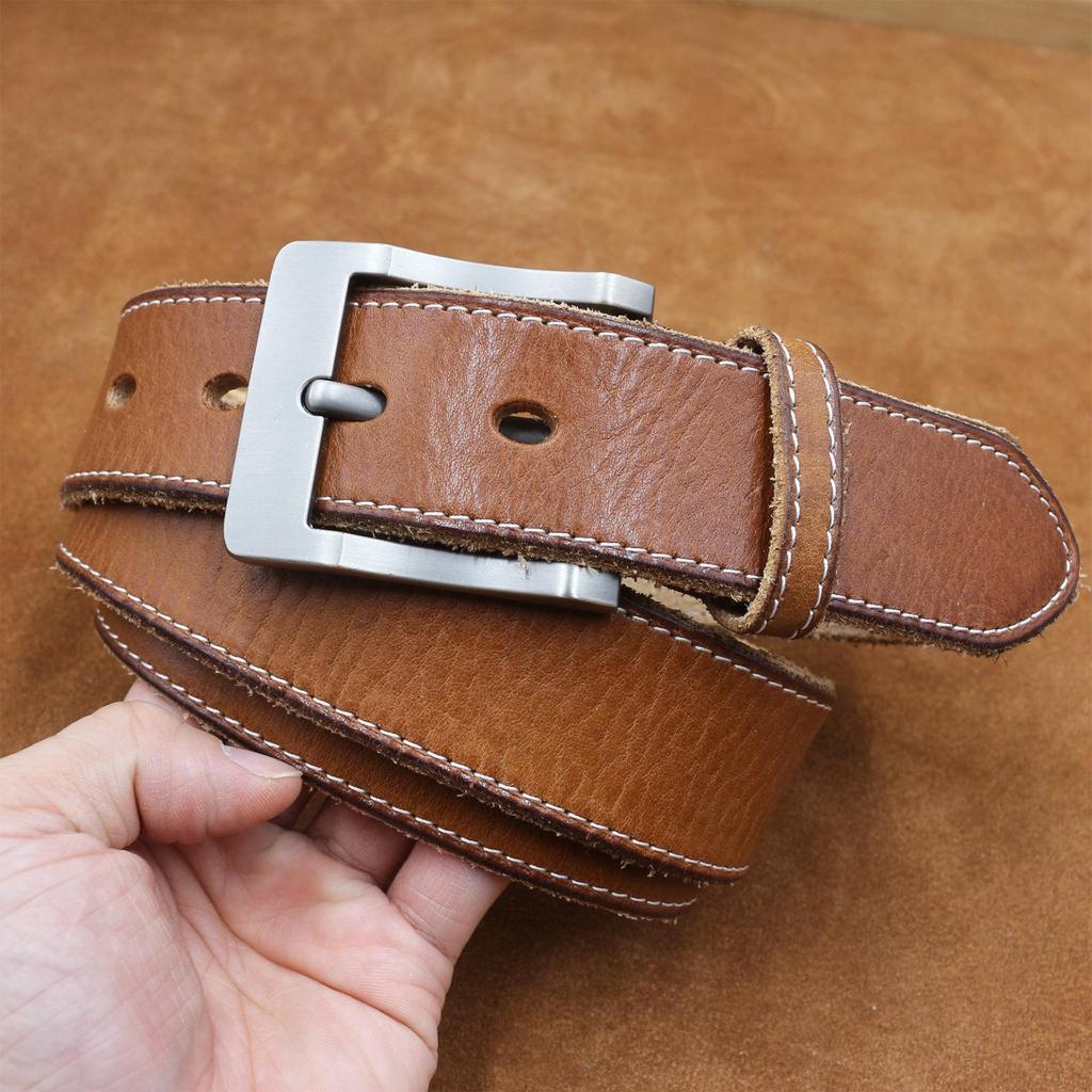 Herren Gürtel aus genähtem Rindsleder, Dornschließe, Echtes Leder, Lässiger Retro-Stil für Studenten, Erwachsene und Jeans