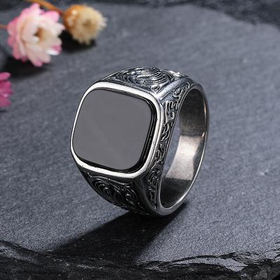 Męski Pierścionek z Czarnego Agatu 12x14mm, Męska Biżuteria ze Srebra Próby 925 w Stylu Vintage, Obrączka Ślubna Prezent dla Niego
