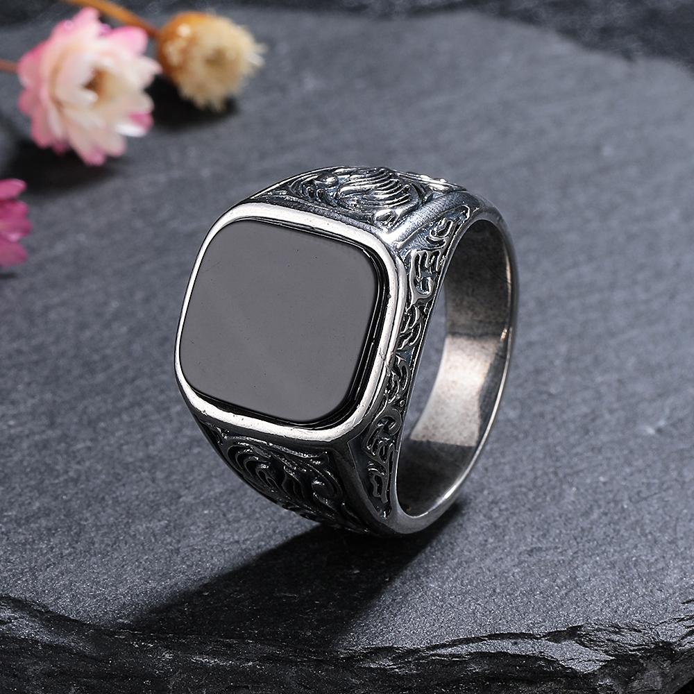 Erkek Siyah Akik Yüzük 12x14mm, Erkek Vintage Sterling Gümüş İnce Takı, Ona Düğün Yüzüğü Hediyesi