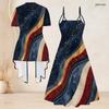 Women Plus Size Printed Two Piece Set Short Sleeve Open Cardigan Strappy V Neck Flared Dress