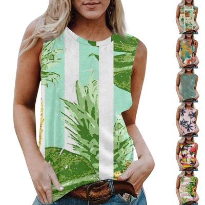 Women's Round Neck Casual Sleeveless X Hawaiian Printed Vest T-shirt Top