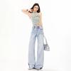 Women's Retro Sky Blue High-Waist Jeans, 2026 Spring/Summer Collection - Loose, Slimming, Floor-Length, Straight-Leg Versatile Pants