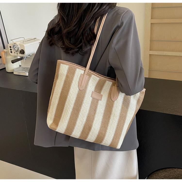 

Large capacity simple women s bag ins literary and lazy style spring and summer shopping bag tote bag shoulder striped canvas big bag хаки