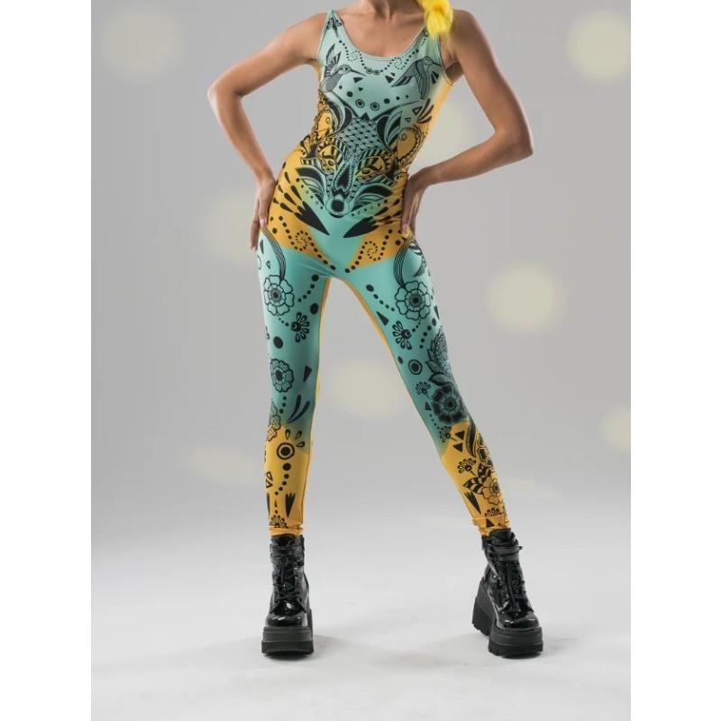 Unisex Cyber Punk Tattoo Patterned Blue Tights Women Backless 3D Digital Bird Printing Halloween Party Role Play Outfit Costume Jumpsuit