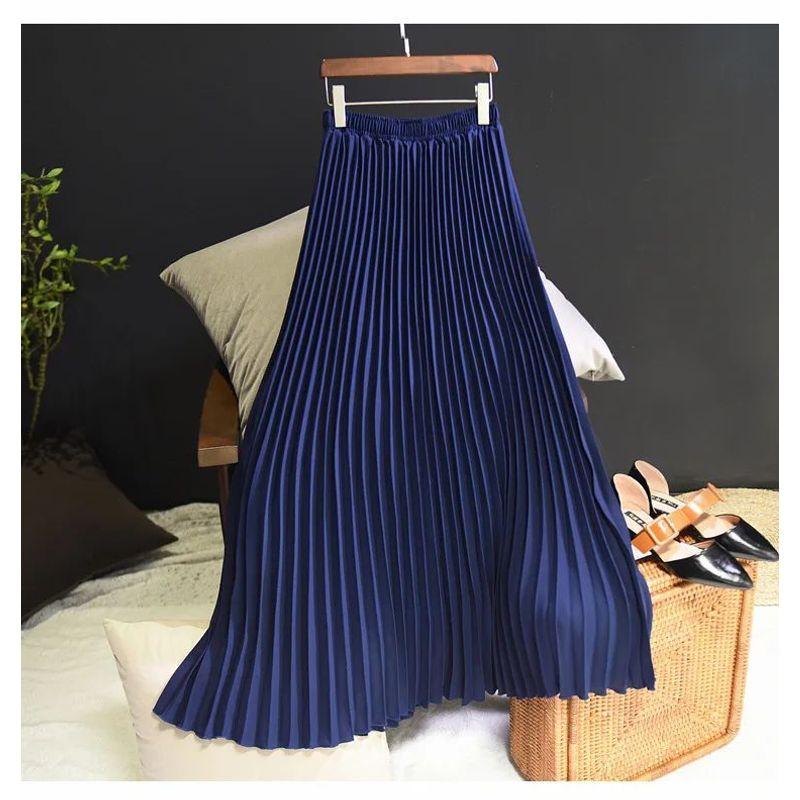 Pleated Skirt with Elastic Waistband Pleated High Waist Half-Length Female Elastic Waist Skirt