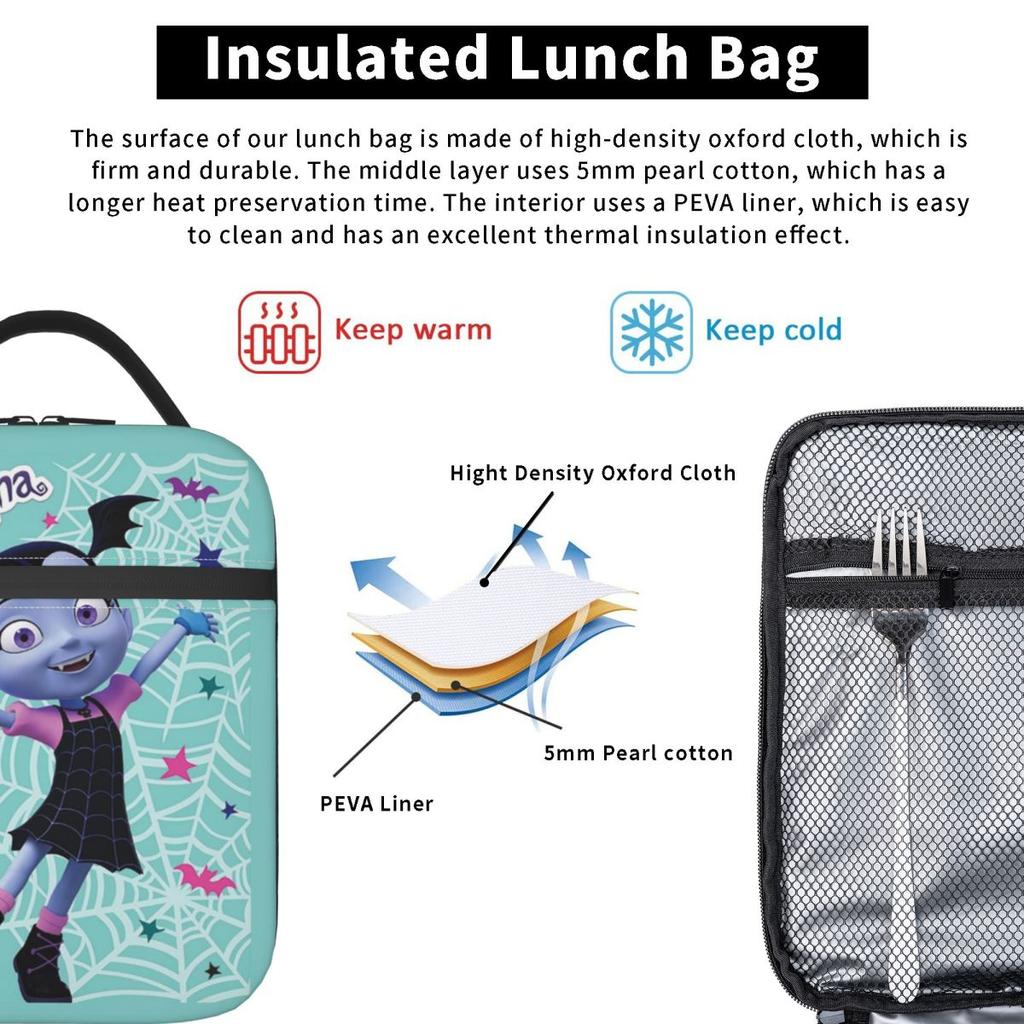 Girls Vampirina Print Insulated Lunch Bag for Women Children Leakproof Food Boxes Thermal Lunch Box Tote
