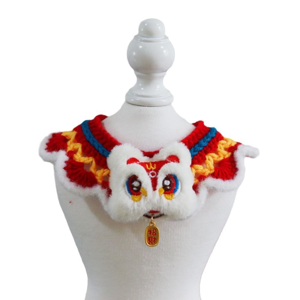 Chinese Style Spring Festival Lion Dance Cat Tie Adjustable Handmade New Year Pet Collar Blessing Warm Cat Knitting Scarf Winter