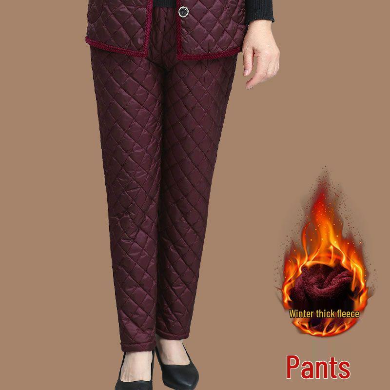 Warm Winter Three-Piece Set for Elderly Women: Fleece-Lined Cotton Coat and Pants