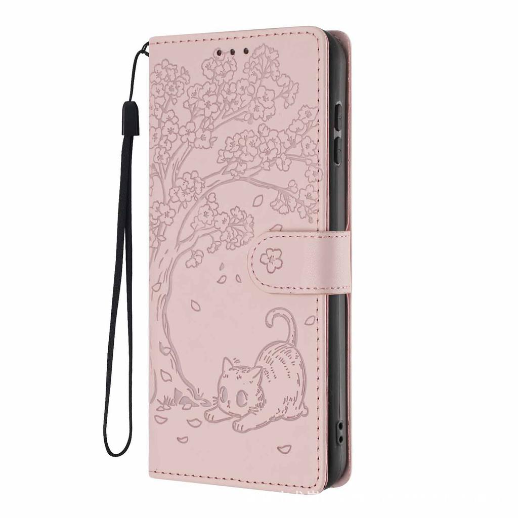 Applicable To iPhone17 Leather Case, Samsung S26 Tree Cat Pattern Card Wallet Protective Case Redmi K90 Solid Color