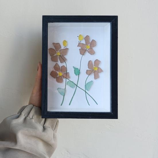 Yousheng Sea Glass Flower Birds Wall Art Handmade Sea Glass Decorative Photo Frame Gift for Mom Grandma Wife Girlfriend Friends