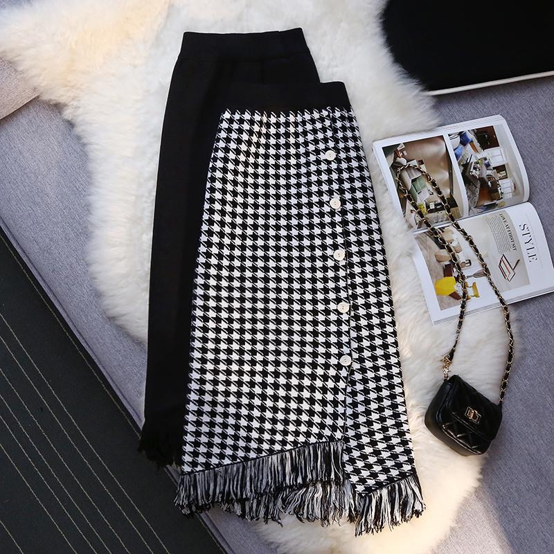 Women High Waist Elegant Casual Street Office Ladies Autumn and Spring Vintage Retro Houndstooth Knit Skirt