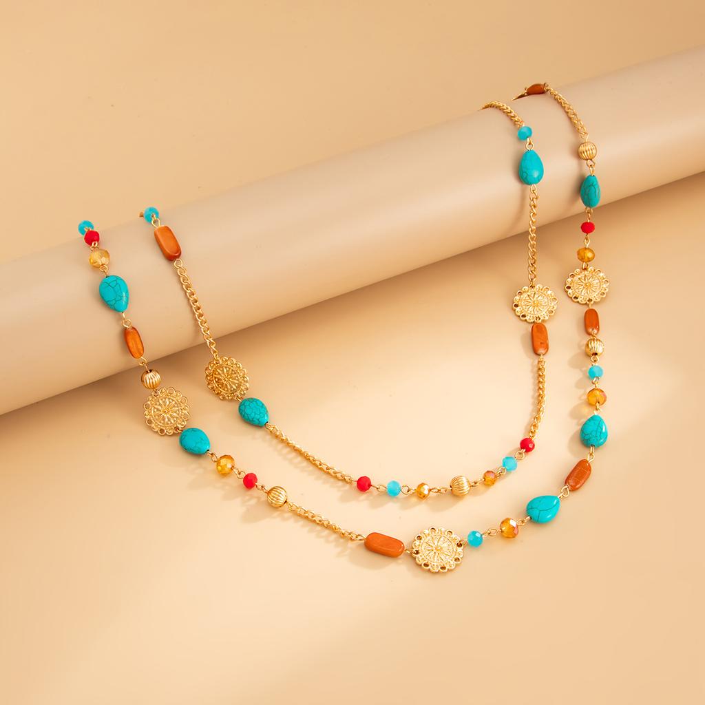 Bohemian Imitation Turquoise Beaded Fringed Long Necklace, Fashionable Ethnic Flower Plate Collarbone Chain