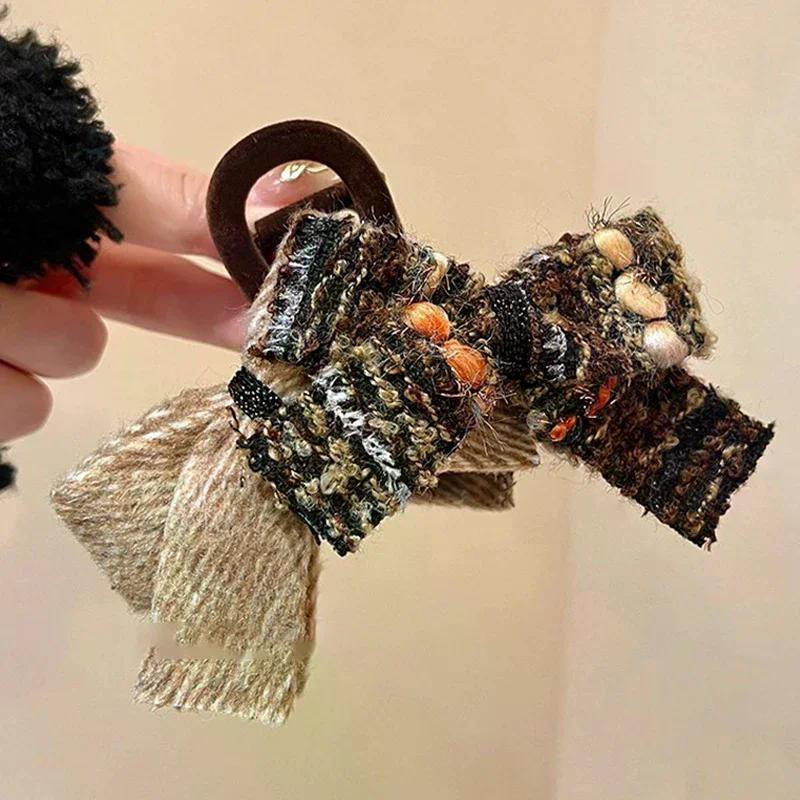 Retro Autumn And Winter Wool-blend Color-block Double Bow Hair Clip For Women Girls Large Shark Clip Hair Accessories