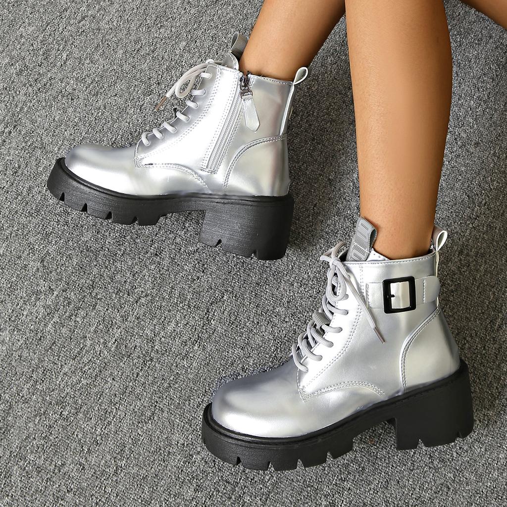 Fashion The 2025 autumn new British-style round-toed thick-soled height-increasing fashionable and trendy motorcycle ankle boots
