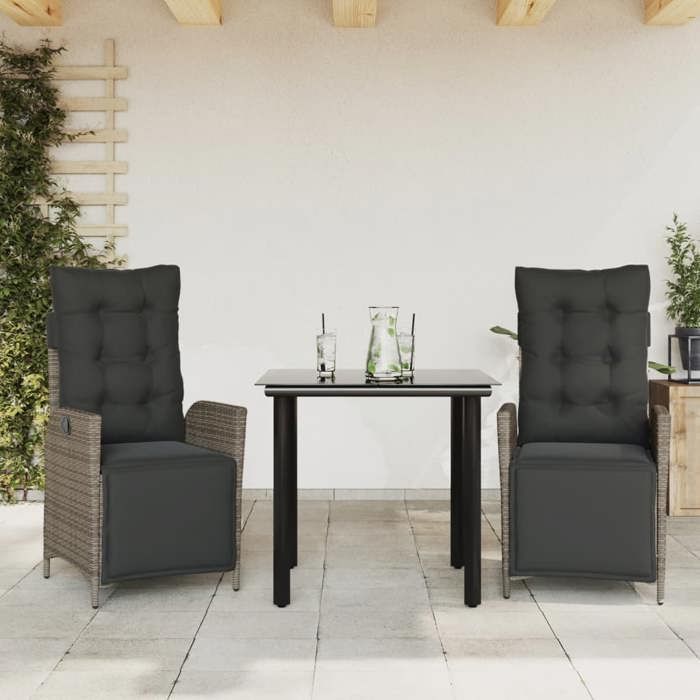 VidaXL Ensemble à Manger de Jardin avec Coussins 3 pcs, Table et Chaises avec Dossier et Repose-pied Réglables, Meubles 3213427