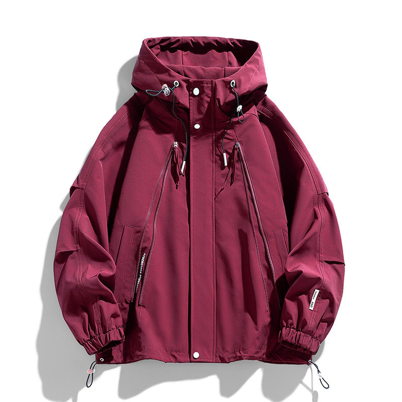 

Мужская куртка свободного кроя с несколькими карманами, модная и универсальная однотонная куртка с капюшоном XXL винный