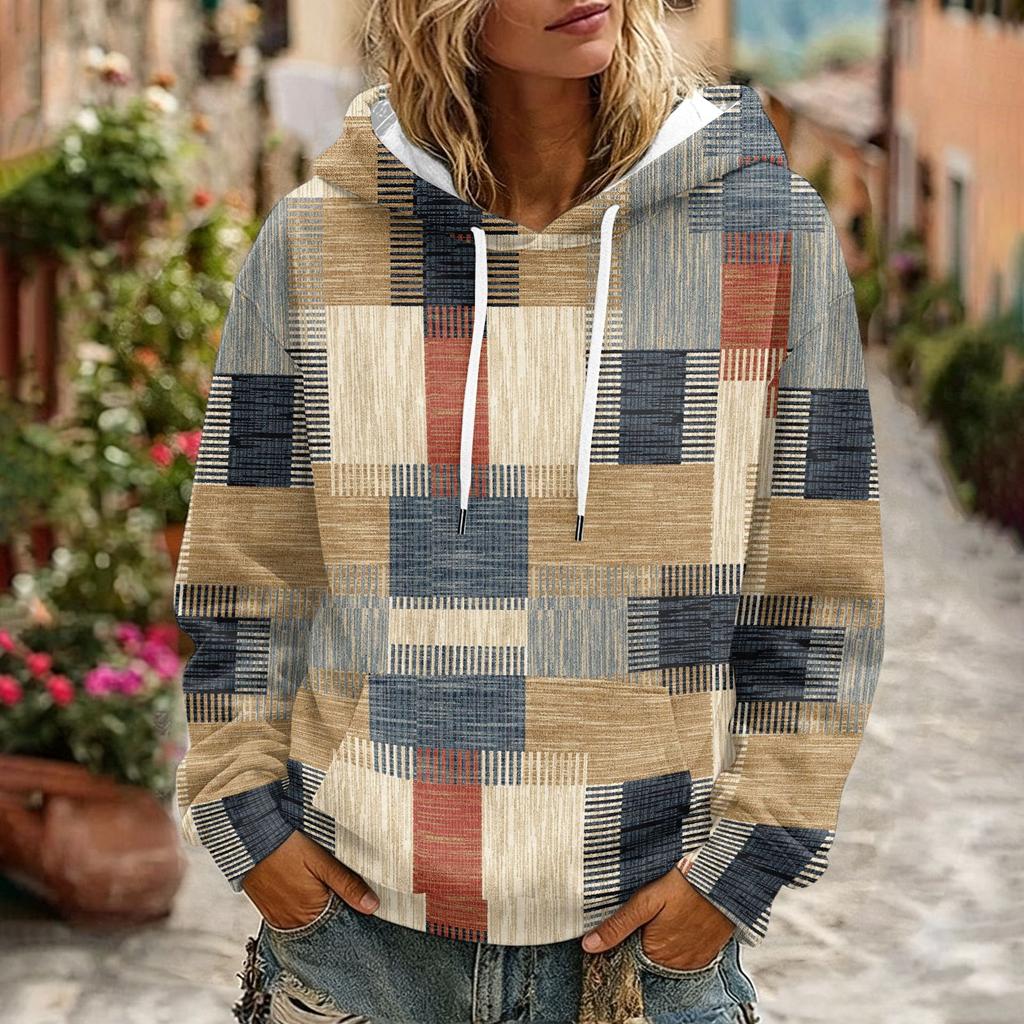 Women's Plaid Print Hooded Sweatshirt with Pockets And, Long Sleeve Casual Top