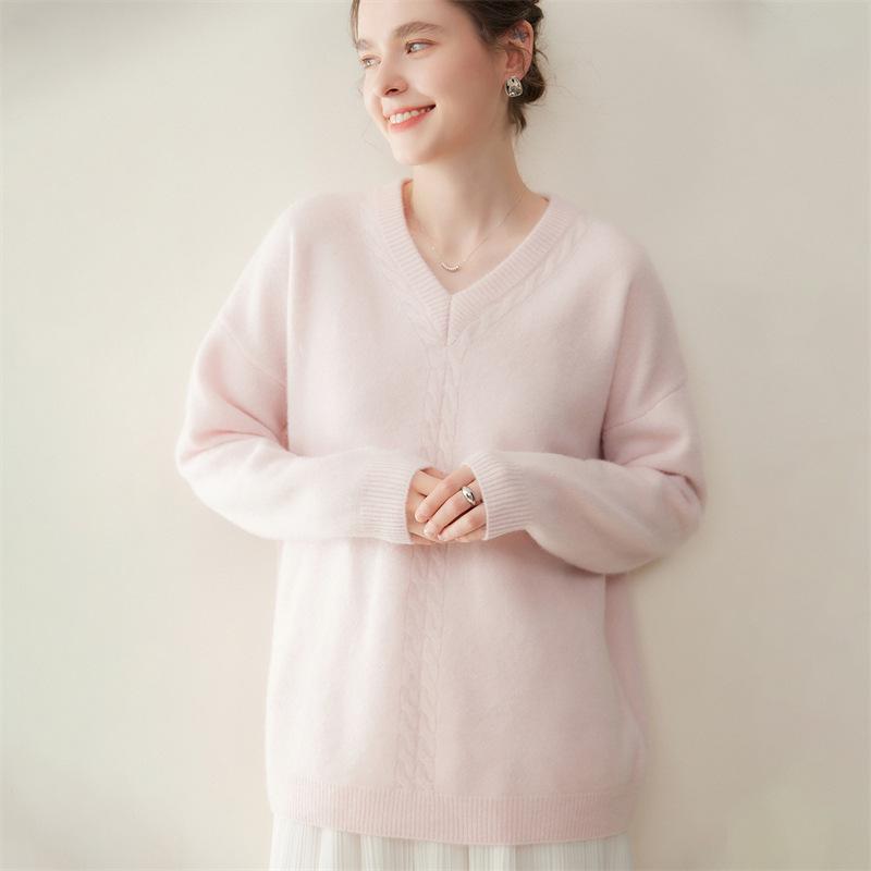 Women's V-Neck Cashmere Blend Pullover: Cozy Cable Knit Sweater for Autumn/Winter