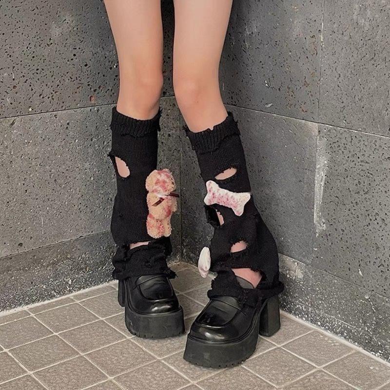Aesthetic Vintage Ripped Hole Knitted Leg Warmer for Women Harajuku Streetwear Punk 3D Bloody Bear Leg Sleeve Cover