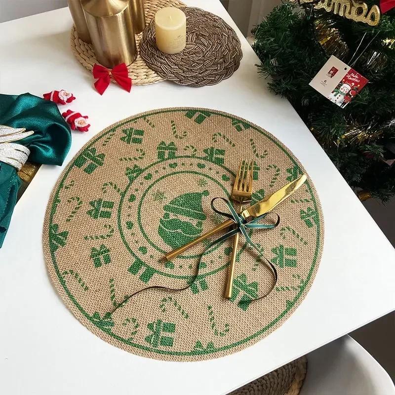 Jute Table Mats Christmas Woven Placemat Ins Printed Hairball Thermal Insulation Mat Retro Cotton and Linen Decorative Mat