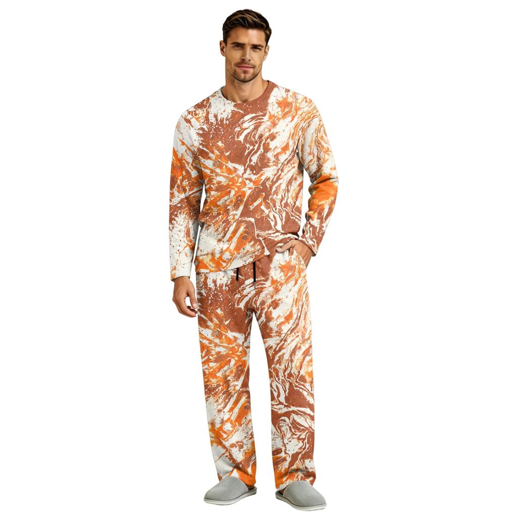 Men's Pajama Set Long Sleeve Top and Long Pants with Button Crotch and Elastic Drawstring Waist for Home Loungewear