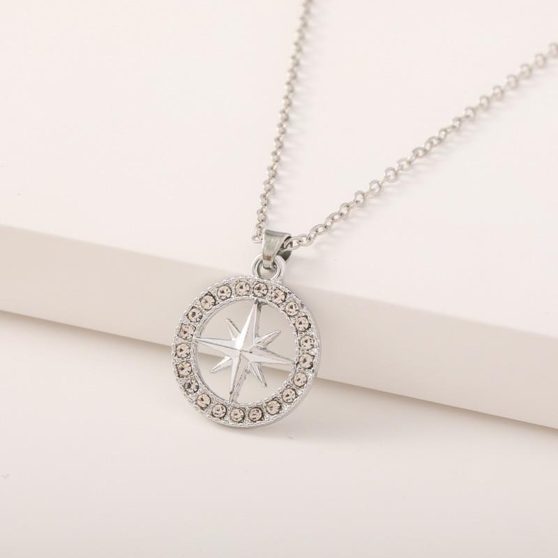 Compass Star Pendant Necklace, Dainty Crystal Inlaid Stainless Steel Chain for Women