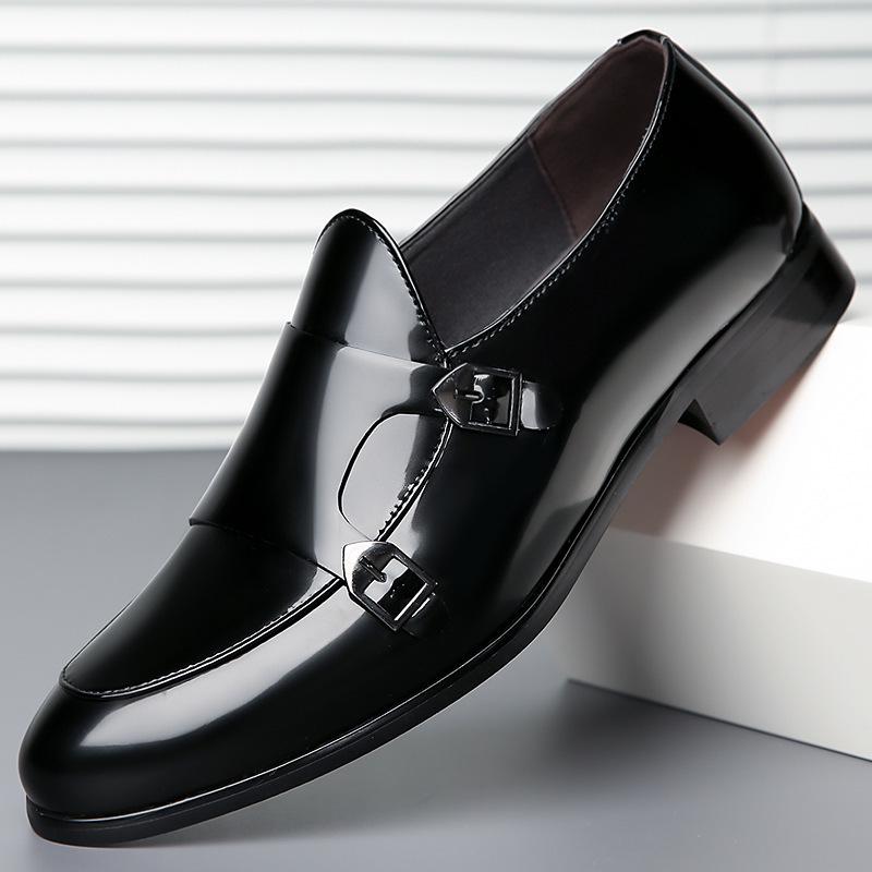 Men's Shiny Leather Double Buckle Monk Shoes - Pointed Toe, British Style, Business Casual.