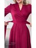 2025 European & American Women's Slim French V-Neck Long Dress with Tie-Up, Slit, and Long Sleeves