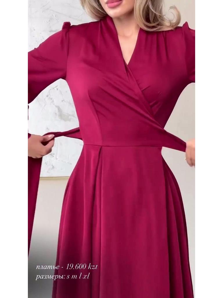 2025 European & American Women's Slim French V-Neck Long Dress with Tie-Up, Slit, and Long Sleeves