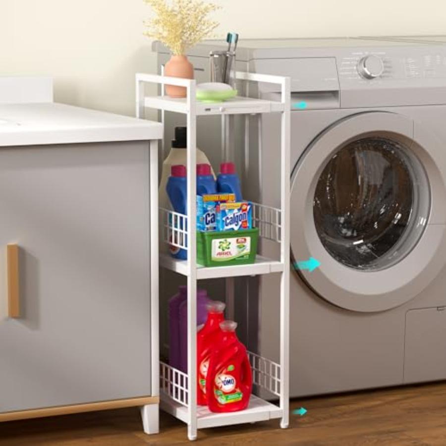 Expandable Slim Storage Shelf 3 Tier Metal Shelving Unit for Bathroom Storage Organizer Free-Standing Narrow Shelf Open Floor S