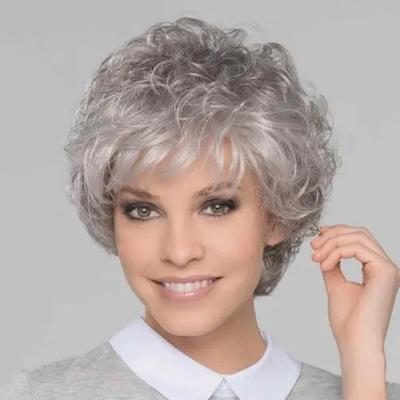 Women's Natural Looking Short Curly Wavy Gray White Wigs with Bangs Heat Resistant Synthetic Fluffy Wigs for Everyday Life
